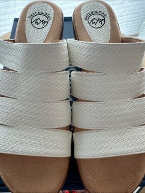 White Mountain Cream Woven Triple-Strap Slide Sandals